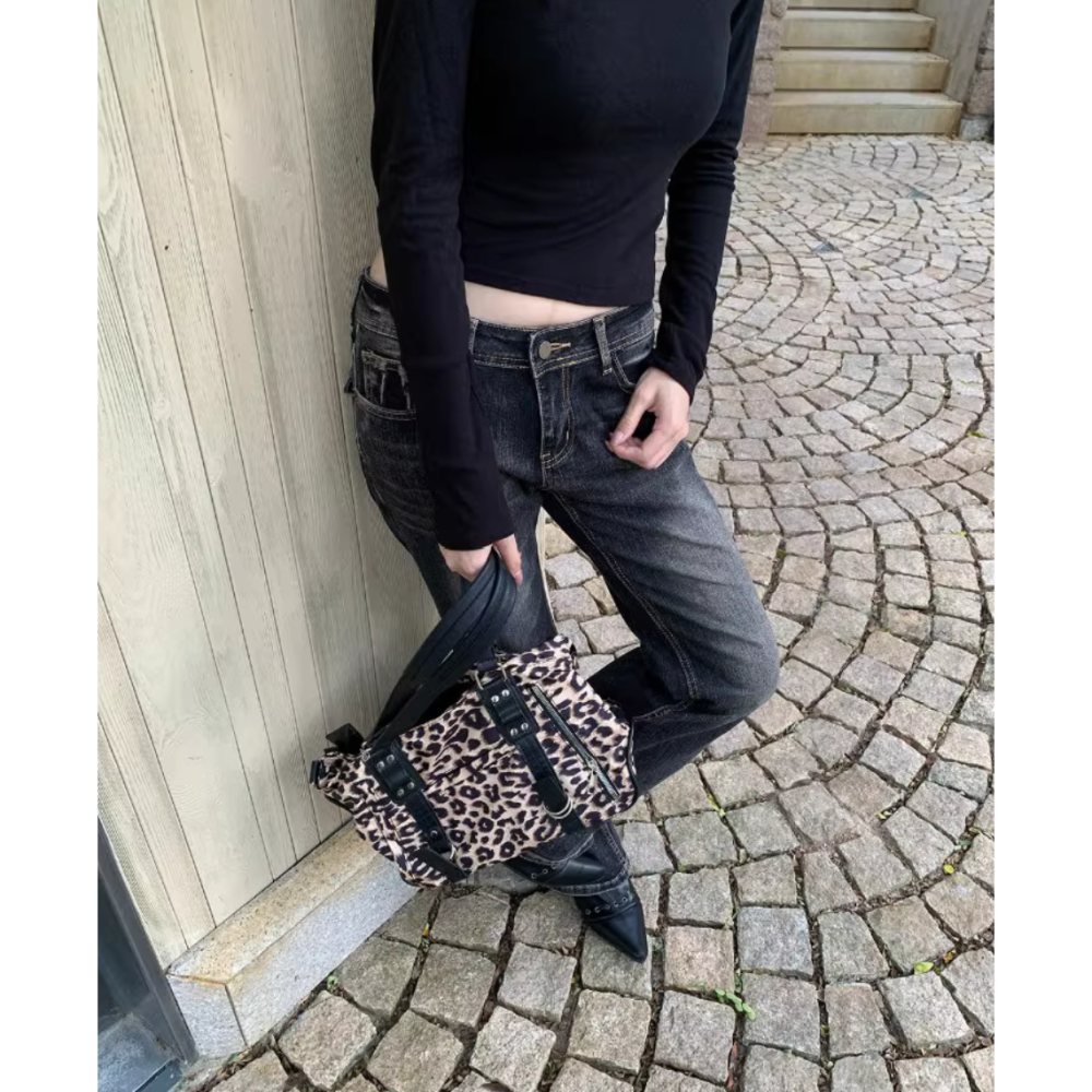 美式辣妹復古個性做舊低腰微喇牛仔褲-細節圖8