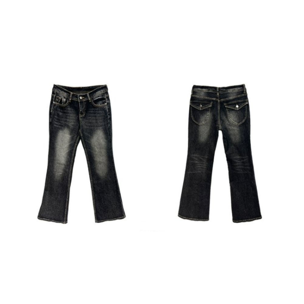 美式辣妹復古個性做舊低腰微喇牛仔褲-細節圖10