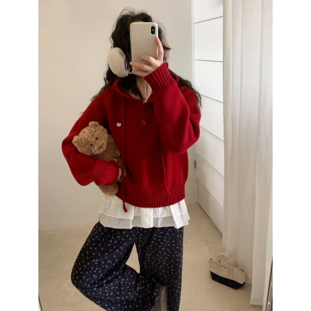 韓系休閒甜美木耳邊連帽毛衣-細節圖2