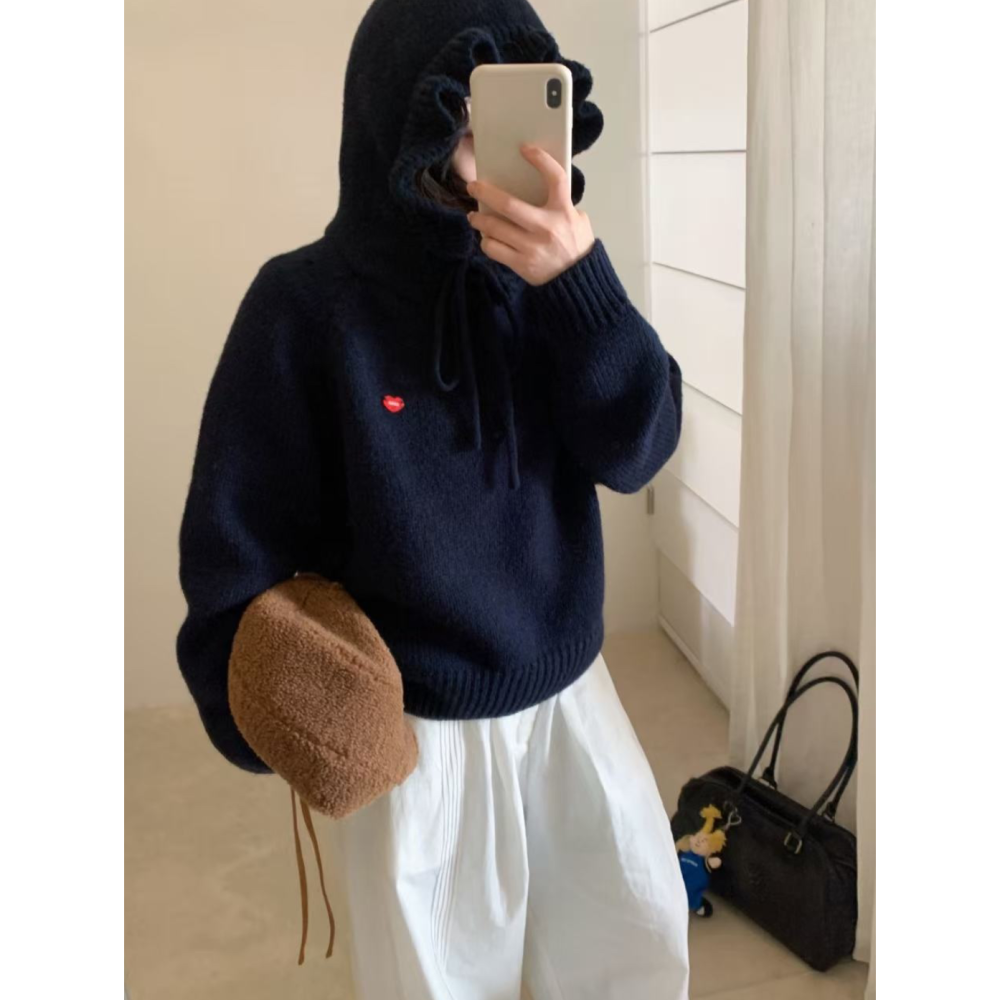 韓系休閒甜美木耳邊連帽毛衣-細節圖3