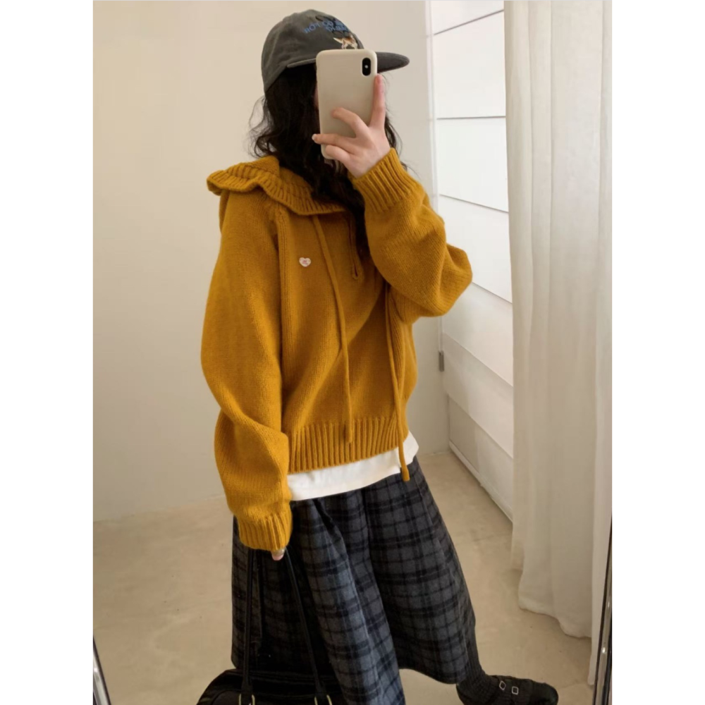 韓系休閒甜美木耳邊連帽毛衣-細節圖5