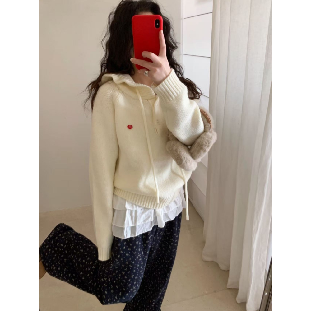 韓系休閒甜美木耳邊連帽毛衣-細節圖6