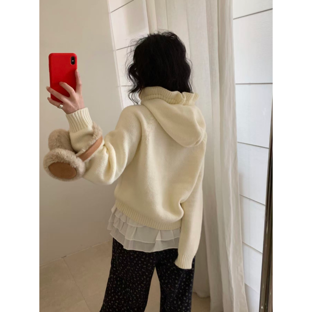 韓系休閒甜美木耳邊連帽毛衣-細節圖7