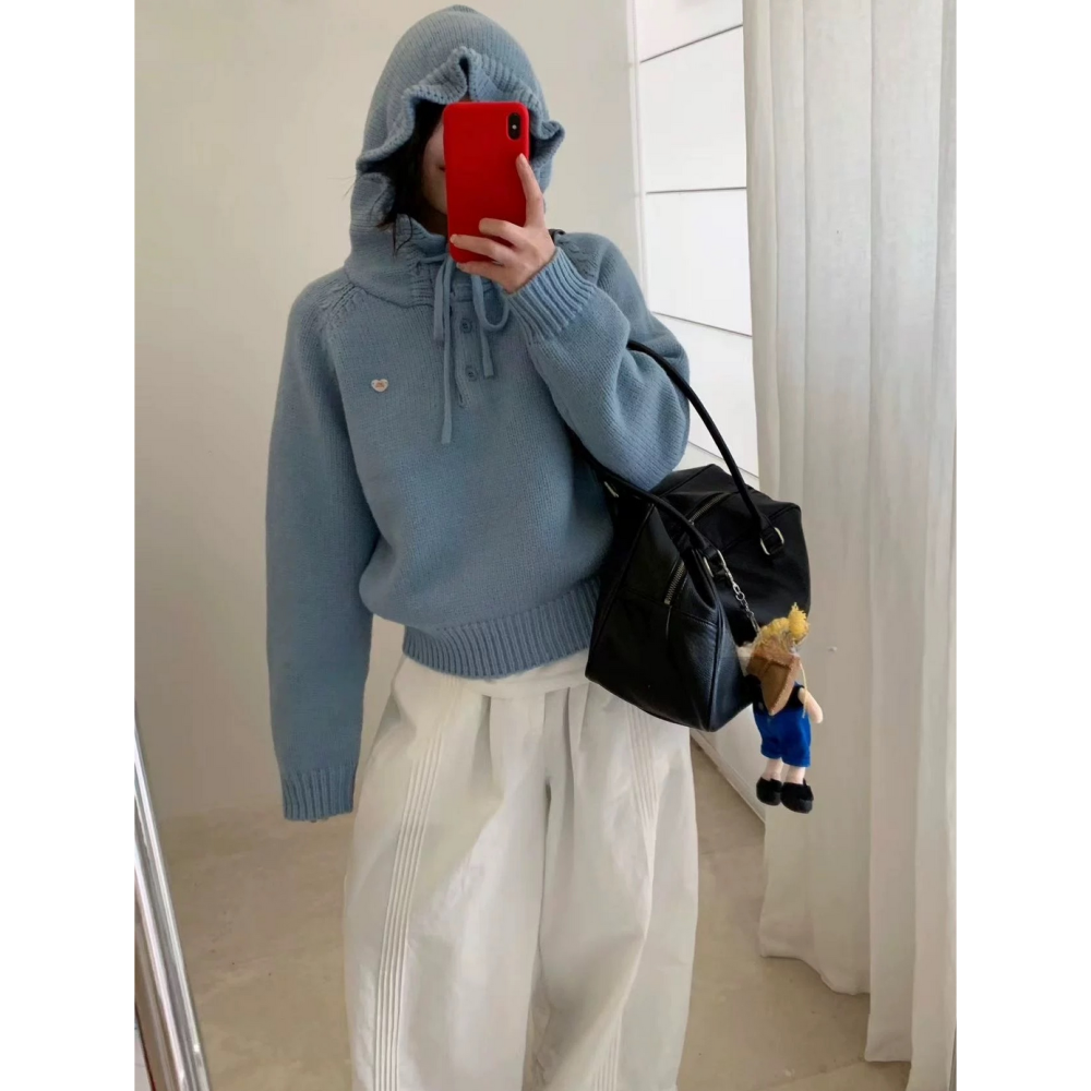 韓系休閒甜美木耳邊連帽毛衣-細節圖9