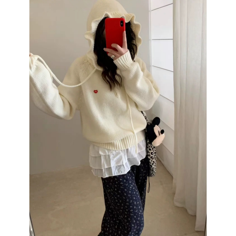 韓系休閒甜美木耳邊連帽毛衣-細節圖10