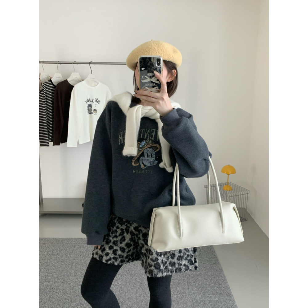 韓系休閒卡通印花加絨衛衣大學T上衣-細節圖2