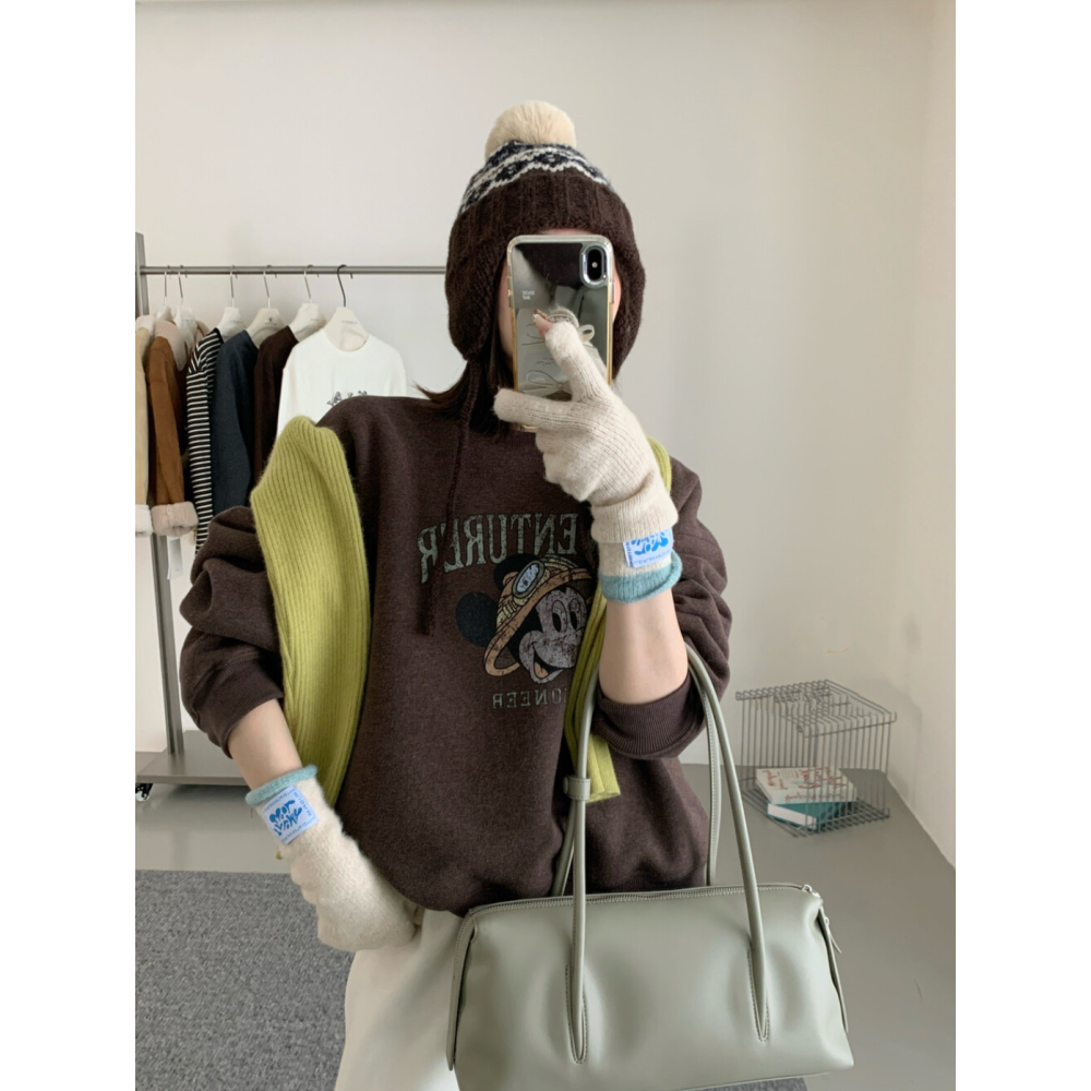 韓系休閒卡通印花加絨衛衣大學T上衣-細節圖8