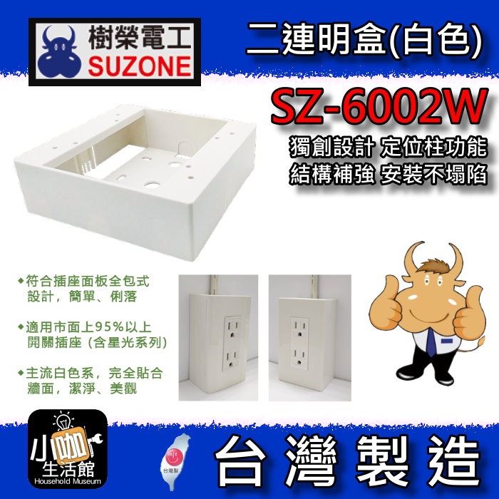 ★小咖★ SUZONE 樹榮電工 一連明盒 白色 SZ-6001W 一體成型 明BOX 開關盒 一聯明盒 插座盒 塑膠盒-規格圖8