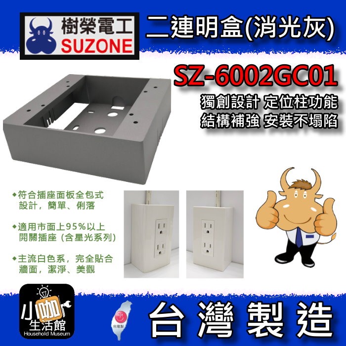↗附發票↗SUZONE 樹榮電工 二連明盒 平光黑 消光灰 一體成型 明BOX 開關盒 2聯BOX 插座盒 塑膠盒 台製-細節圖2
