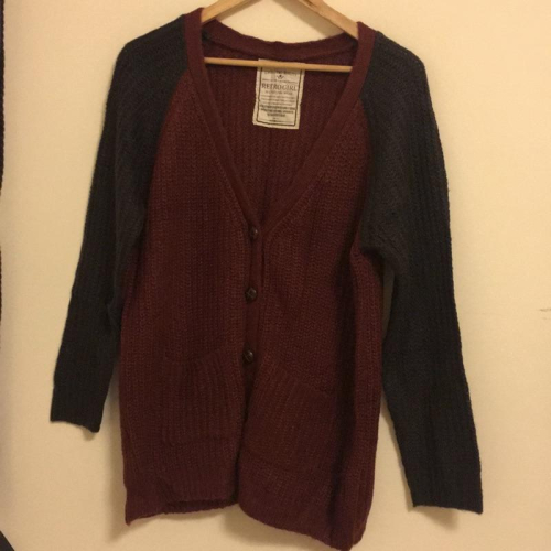 (全新)日系品牌 RETRO GIRL 針織外套 中長版外套 毛衣 拼接撞色 酒紅色外套