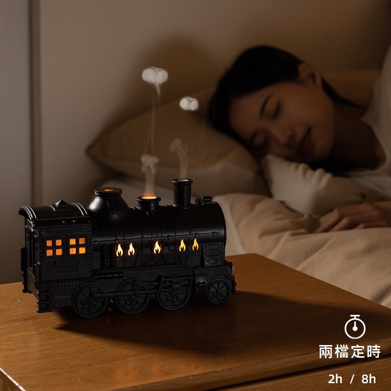 現貨✅【交換禮物｜可定時】小火車加濕器   雙色氛圍燈  暖光/藍光 水母噴霧 雙孔噴煙 香薰機 加濕器 香氛機 水氧機-細節圖7