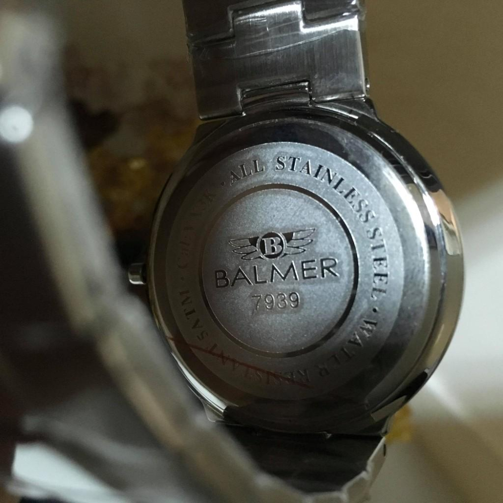 BALMER WATCH 寶馬 時尚銀殼外框黑面不銹鋼殼三鈑鋼帶日期兩針石英男腕錶 型號：7939-細節圖2