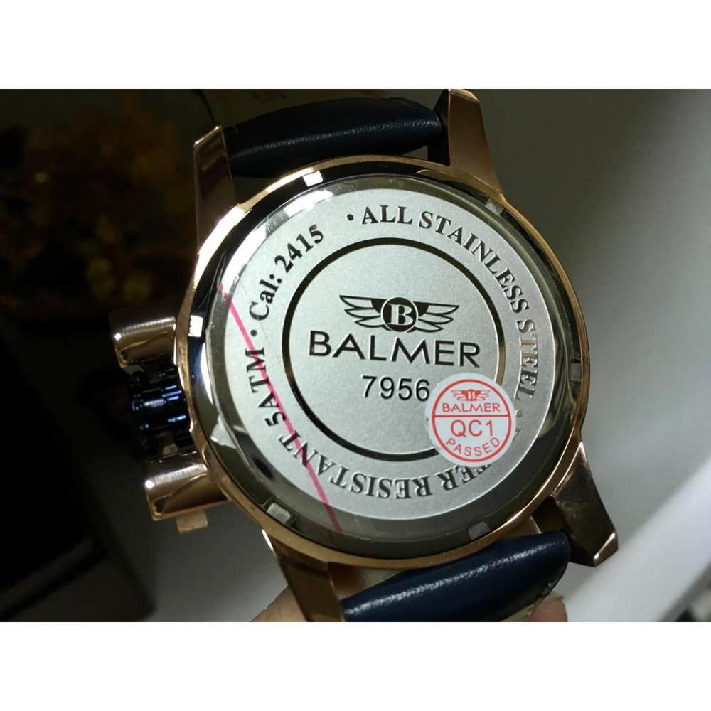 BALMER WATCH 寶馬 時尚玫瑰金殼黑面大時標大刻度太陽紋開天窗日期黑皮帶腕錶 型號：7956-細節圖2