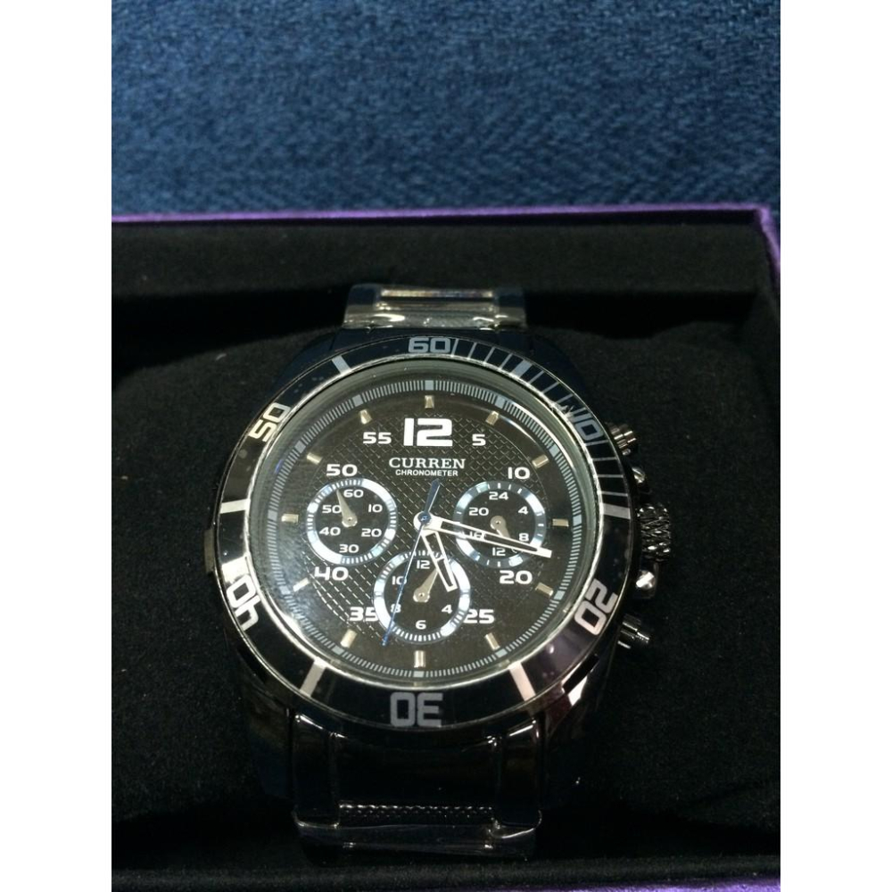 CURREN卡瑞恩 8073 格紋賽車款仿三眼計時鐵帶男錶 - 黑帶黑面-細節圖2