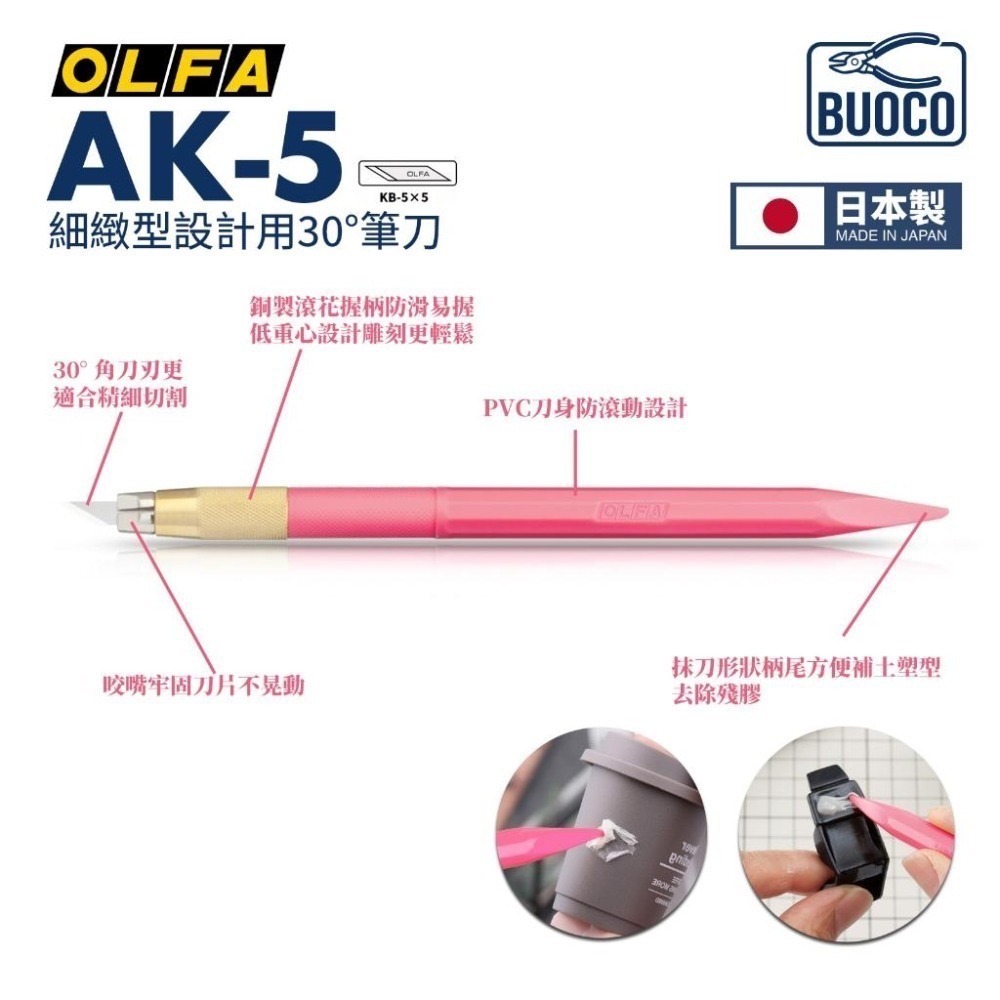 [BUOCO] OLFA 216BS 系列 精密筆刀 AK-5 含 KB-5 5枚刀片 模型湯口修整 精密切割 日本製-細節圖3