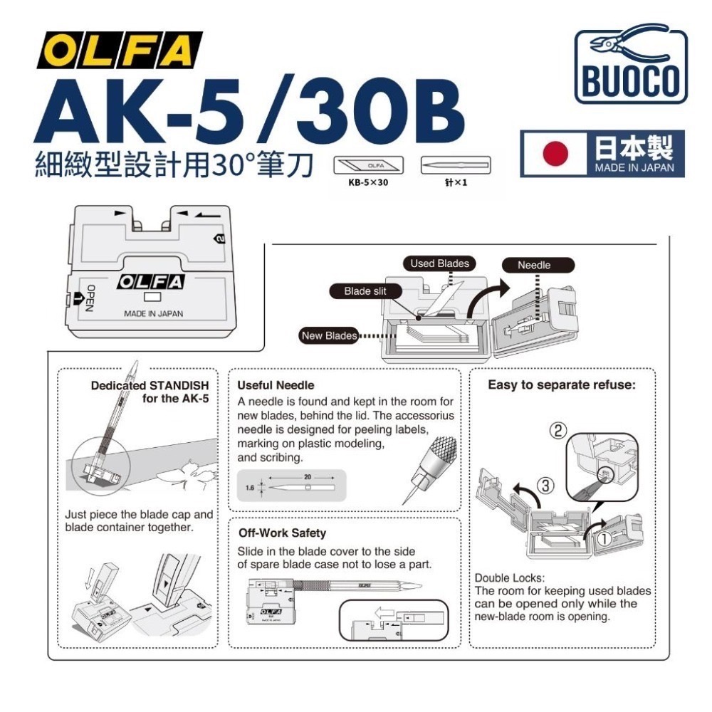 [BUOCO] OLFA AK-5/30B 精密筆刀組 附 KB-5/30B 黃色 模型湯口修整 雕刻切割 日本製-細節圖5