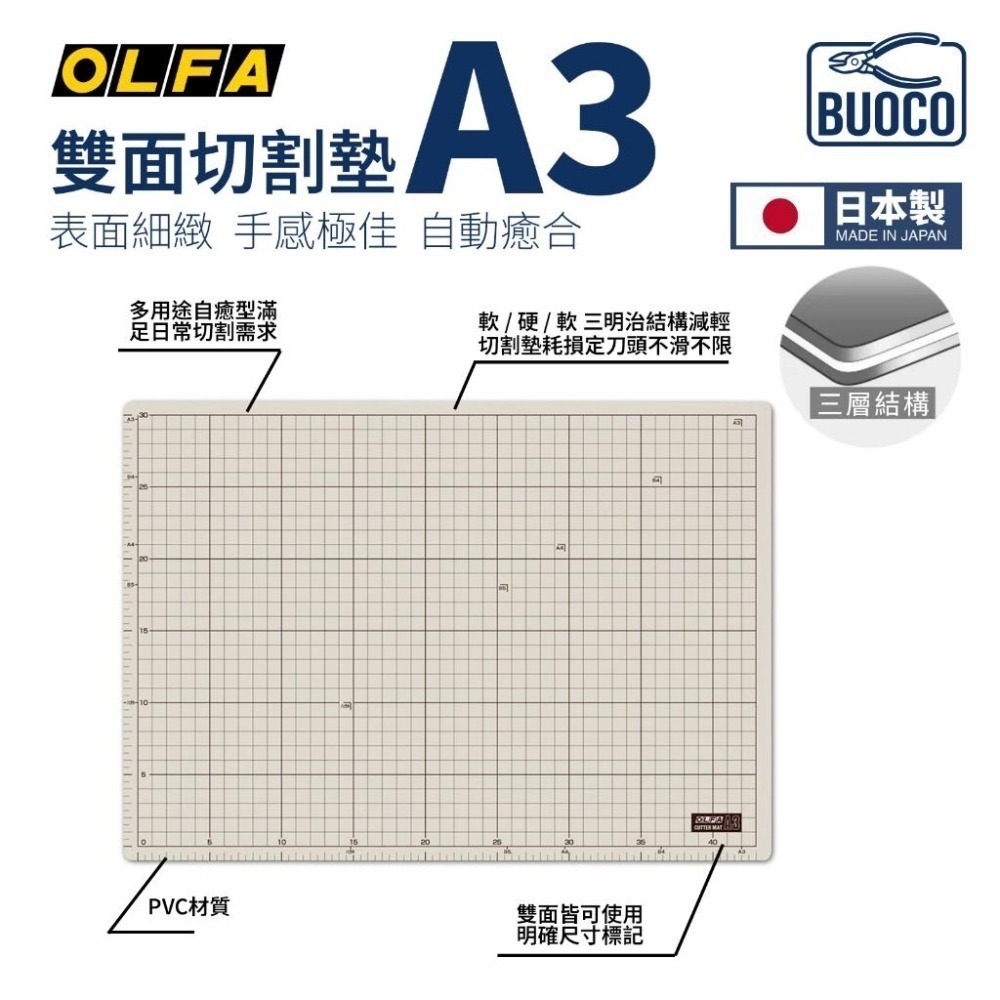 [BUOCO] OLFA CM-A3 切割墊 日本型號135B 雙色 灰褐/咖啡 自動癒合設計 A3 切割墊-細節圖3
