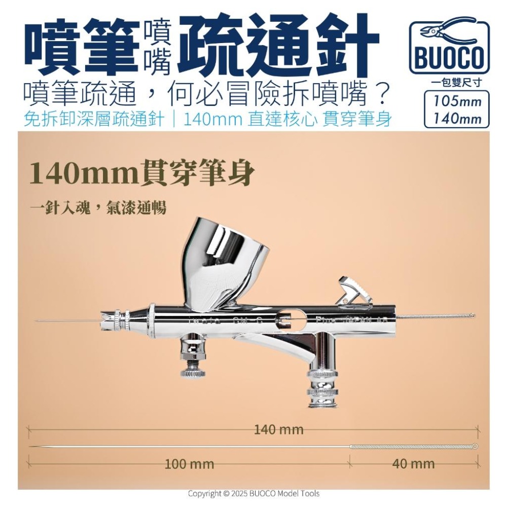 [BUOCO] 噴筆救星 職人級噴筆疏通針 雙針組 | 免拆噴嘴 140mm加長 |  專用保養 模型工具 通噴筆-細節圖2