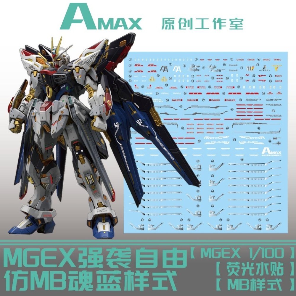 [BUOCO] AMAX MGEX 1/100 攻擊自由鋼彈 魂藍 Soul Blue 樣式 MB風格 螢光水貼-細節圖2
