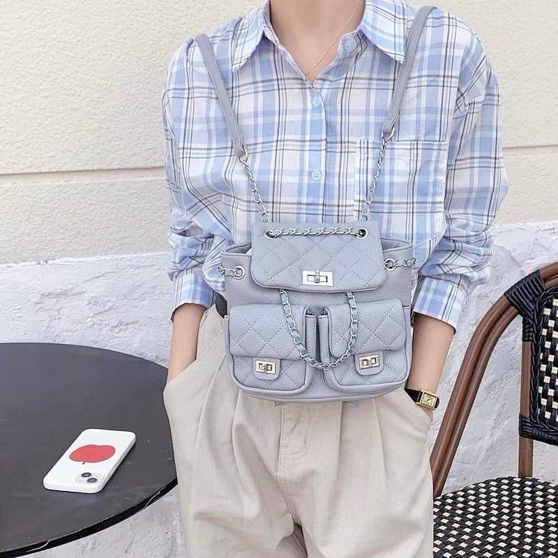 𝐖𝐚𝐘♡·現+預｜精緻女孩必備！韓款高質感小香風後背包❤️‍🔥 雙肩包 單肩包 鏈條包 菱格紋 雙口袋 韓系包包✨-細節圖8