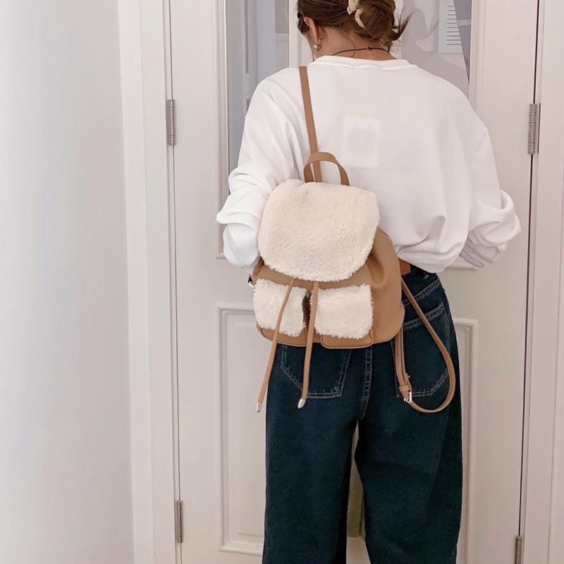 𝐖𝐚𝐘♡·現貨棕｜可愛必備౨ৎ 韓款超Q毛毛撞色拼接皮革後背包 實用雙肩包 束口包 手提包✨-細節圖2