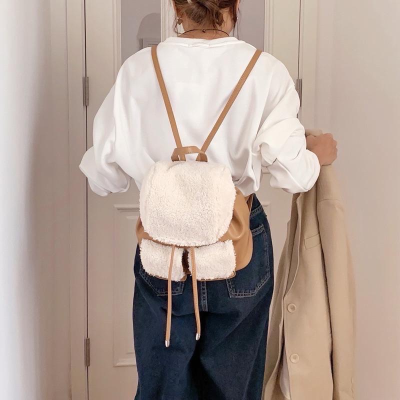 𝐖𝐚𝐘♡·現貨棕｜可愛必備౨ৎ 韓款超Q毛毛撞色拼接皮革後背包 實用雙肩包 束口包 手提包✨-細節圖6