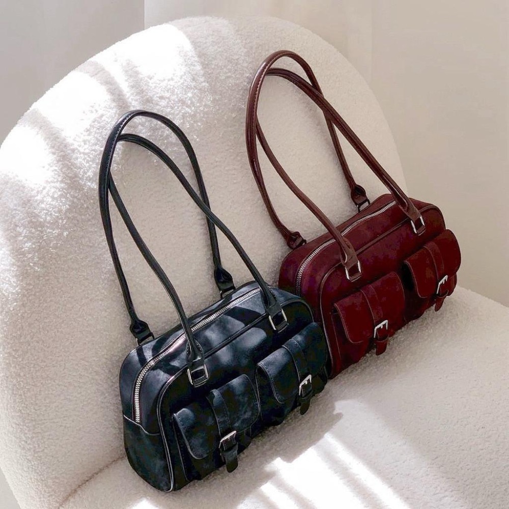 𝐖𝐚𝐘♡·現+預｜復古麂皮雙口袋拉鏈保齡球包 手提包 肩背包 液下包 單肩包 麂皮包包 韓系包包 通勤包包 波士頓包✨-細節圖7