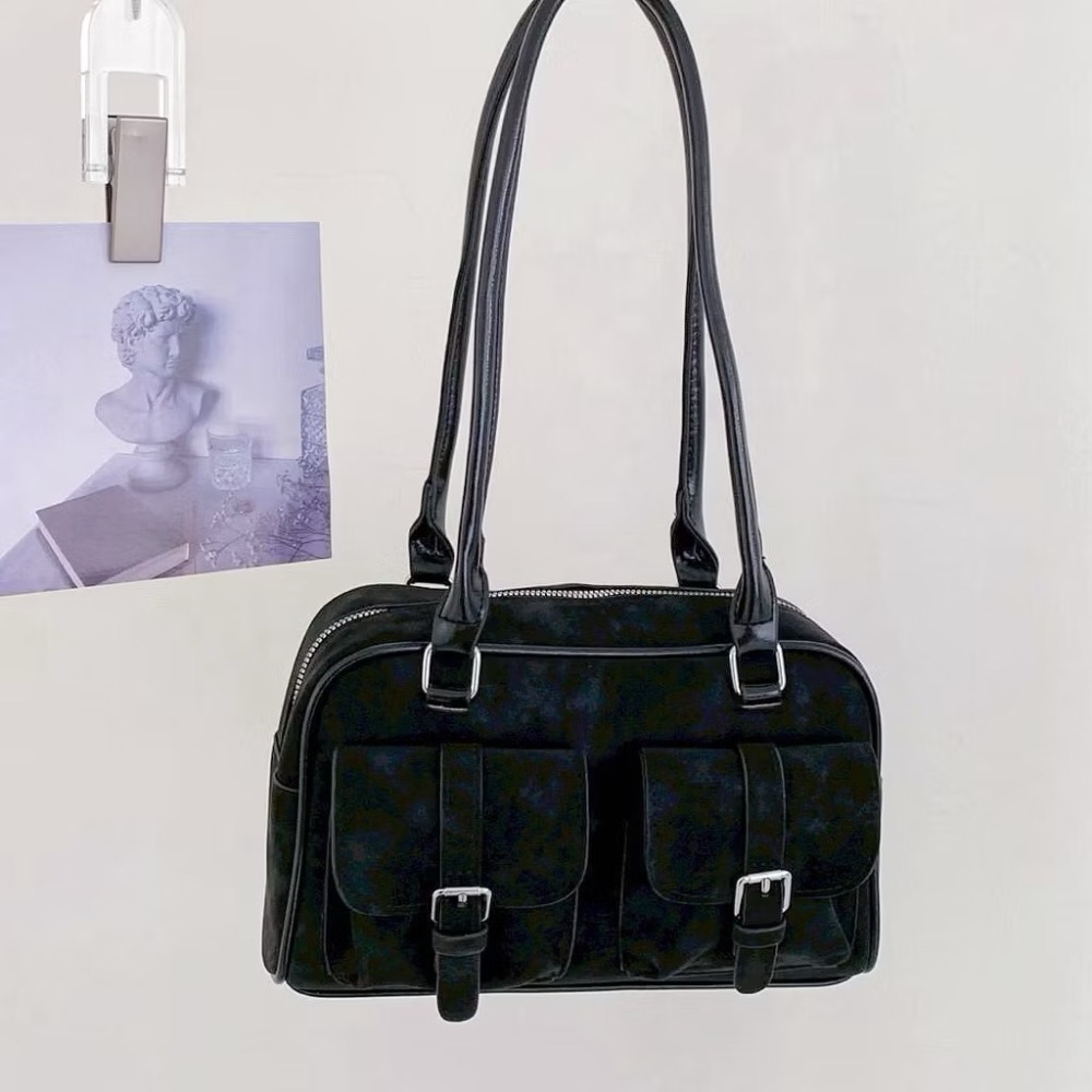 𝐖𝐚𝐘♡·現+預｜復古麂皮雙口袋拉鏈保齡球包 手提包 肩背包 液下包 單肩包 麂皮包包 韓系包包 通勤包包 波士頓包✨-規格圖9