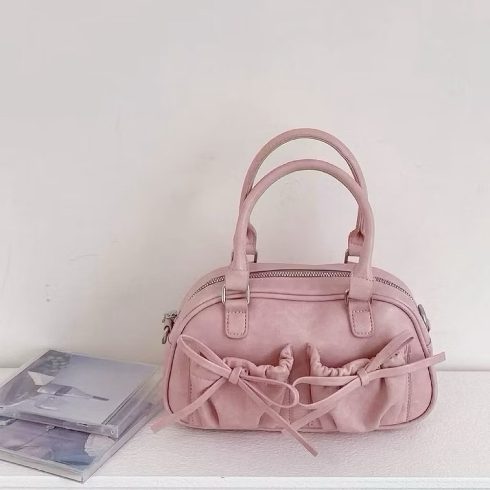 𝐖𝐚𝐘♡·現貨白｜陪妳可可愛愛♡ 雙口袋蝴蝶結造型波士頓包 長夾可放 手提包 肩背包 保齡球包 斜跨包 韓系包✨-規格圖9