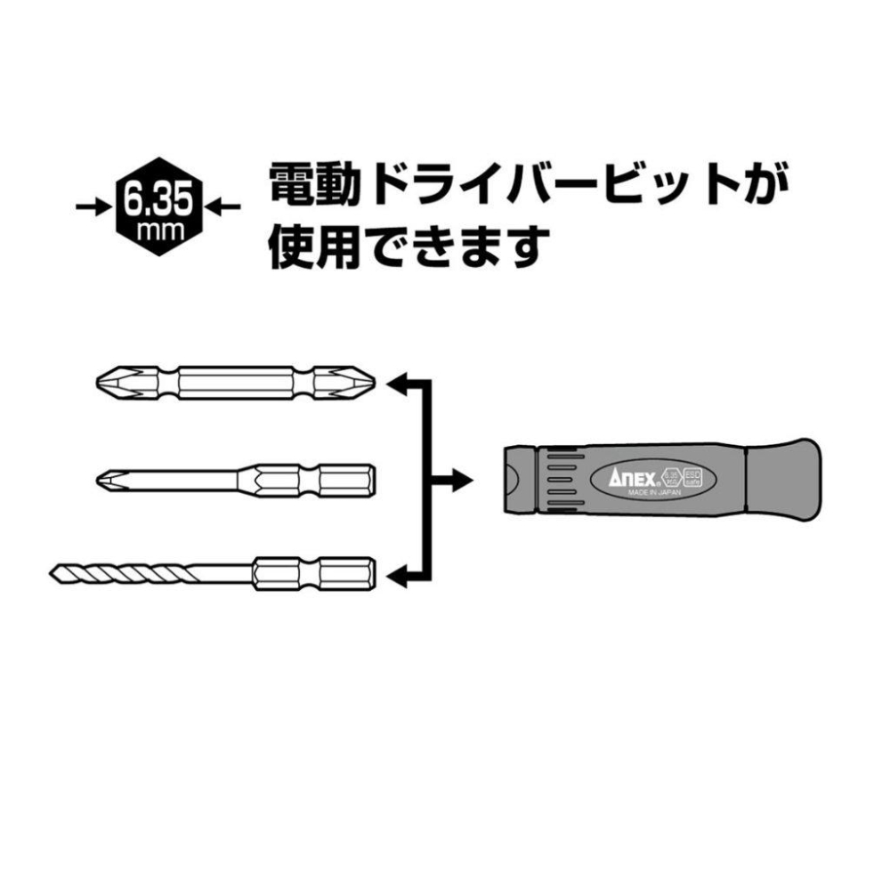 《tevc》日本 ANEX 安耐適 防靜電 精密起子手柄 3610-ESD 6.35mm 可換起子頭 十字 一字 星型-細節圖3