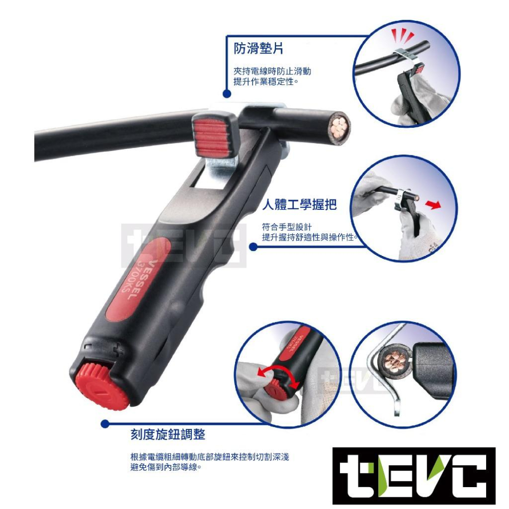 《tevc》日本 VESSEL 3700 KM 電纜剝皮器 旋轉式 剝線鉗 電線 電纜 單芯 絞線 剝離範圍8~28mm-細節圖5