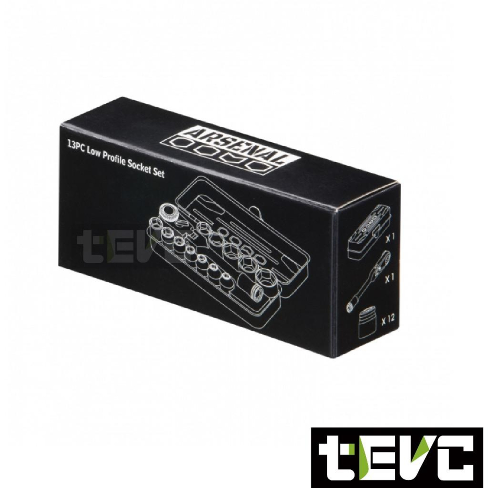 《tevc》愛森諾 Arsenal 台灣製 礦黑「二代」13PC超短套筒組 公制 英制 兩用 汽車 機車 維修 含稅發票-細節圖2