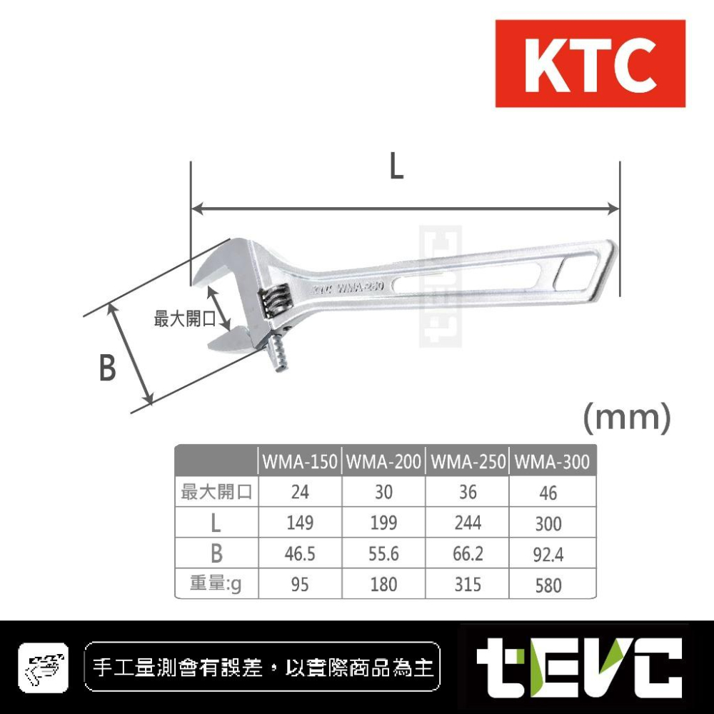 《tevc》現貨 含稅 日本製 KTC 活動板手 開口扳手 WMA-150、200、250 3件組 6吋 8吋 10吋-細節圖3