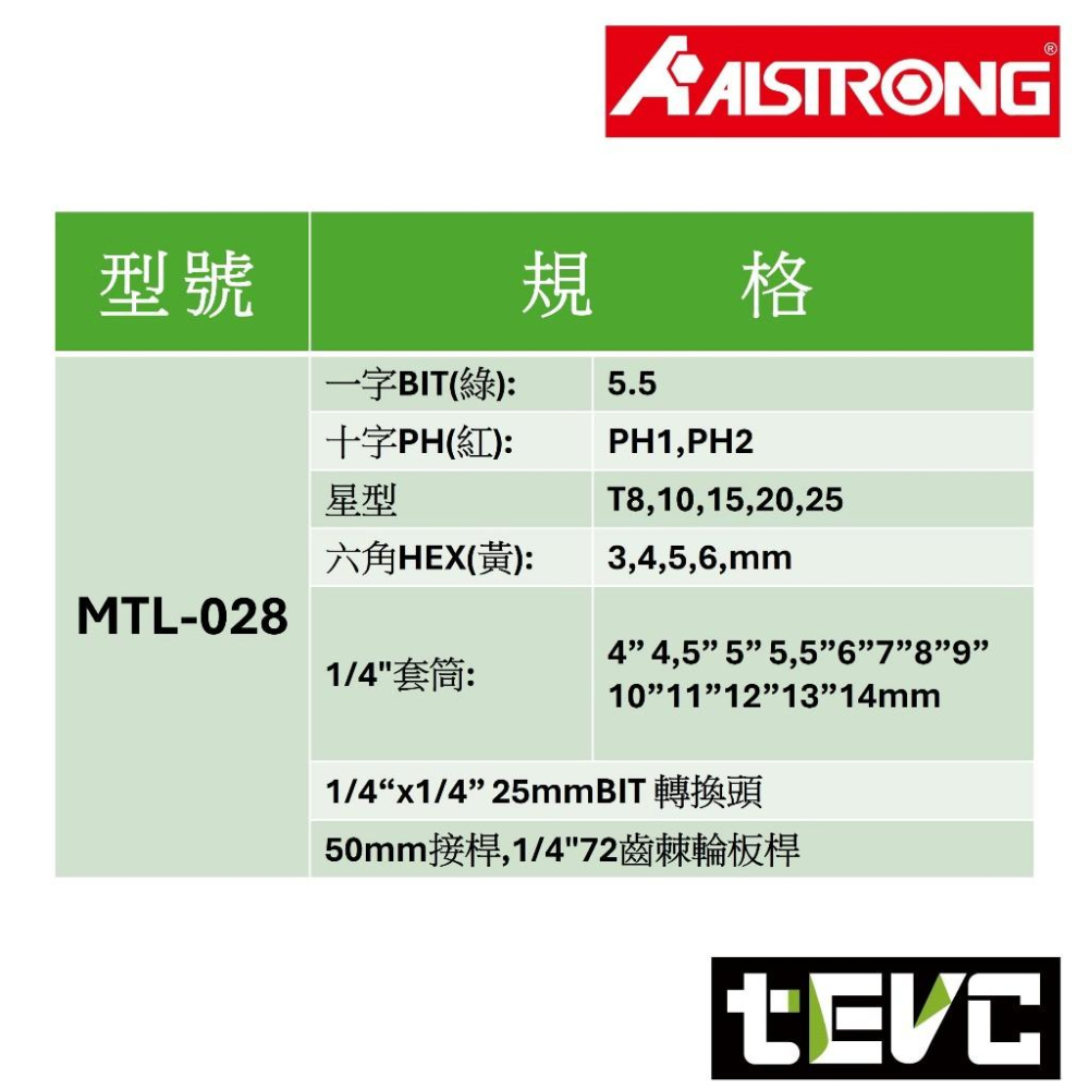 《tevc》台灣 ALSTRONG MTL-028 彩色BIT套筒 72齒 28件組 2分 套筒 十字 一字 星型 六角-細節圖3