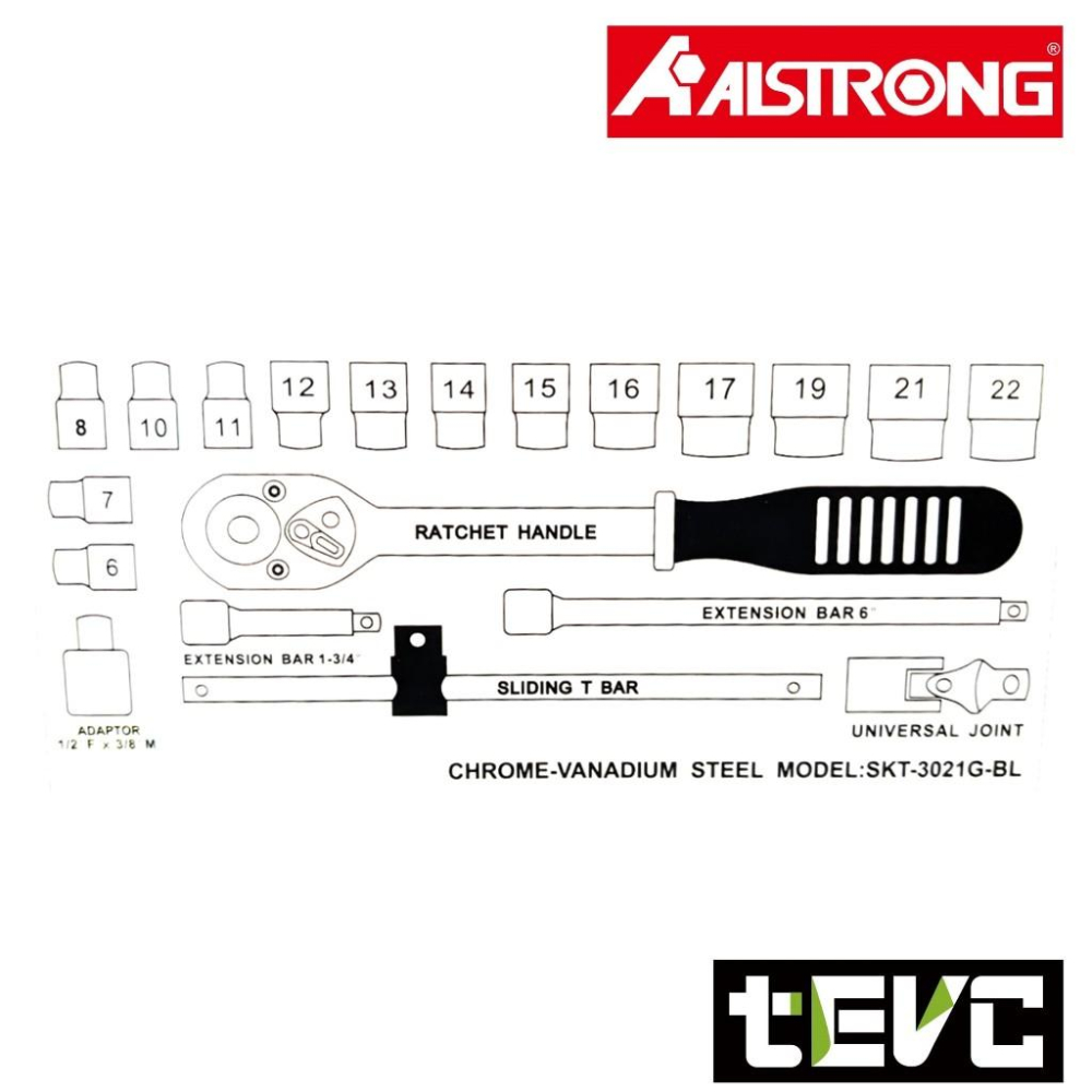 《tevc》台灣發票 ALSTRONG 藍帶套筒21件組 3/8 3021G-BL 3分 套筒 72齒 棘輪 板手 起子-細節圖4