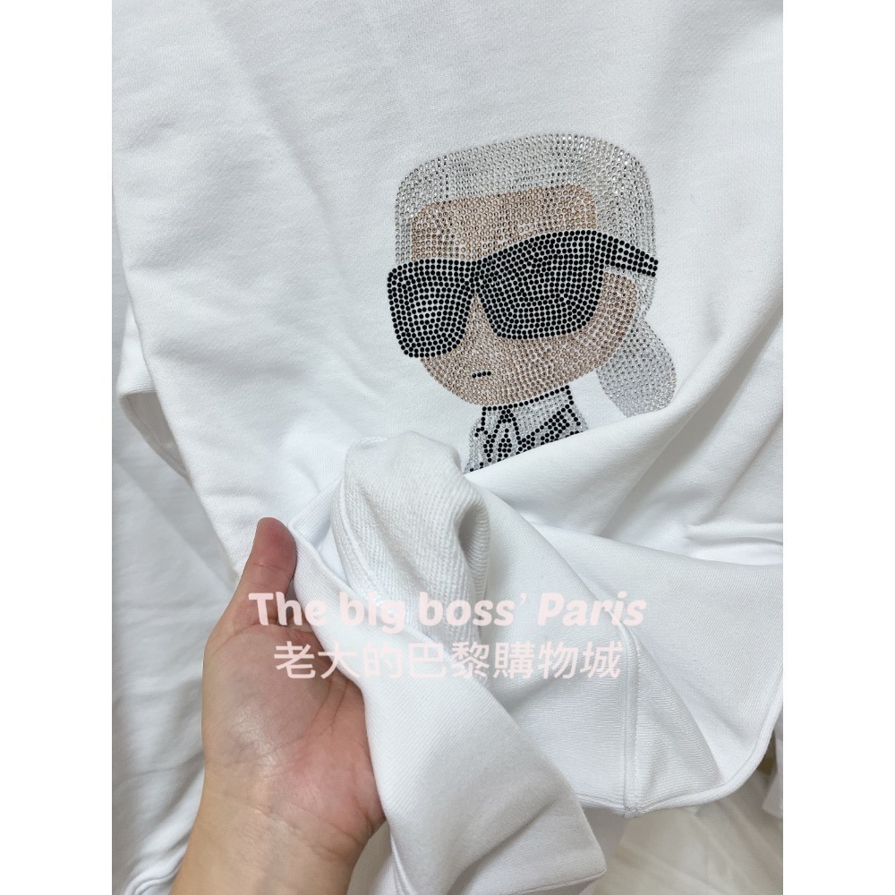 🇫🇷法國- Karl卡爾  正品出清 女款長袖 水鑽拼貼卡爾 白色毛巾底長袖上衣 -260110-1-細節圖2