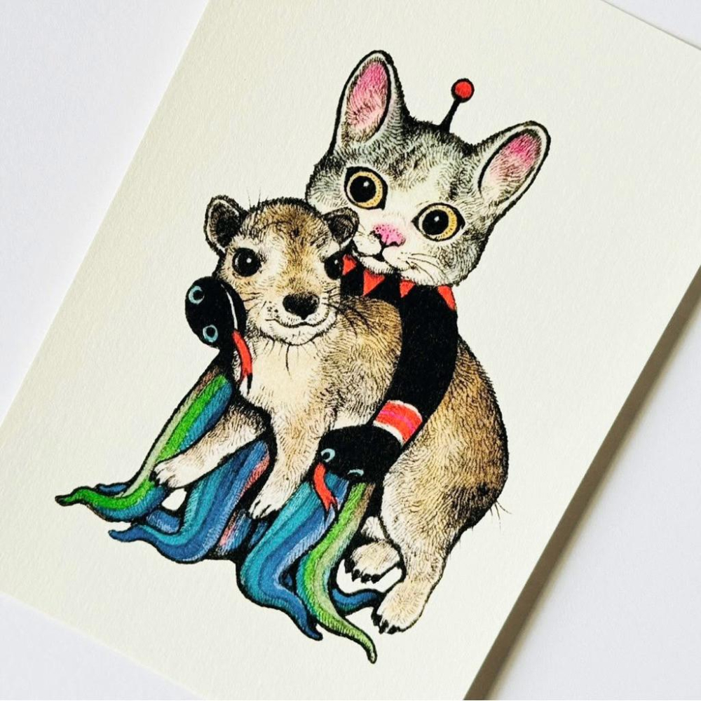 ヒグチユウコ｜𝗛𝗶𝗴𝘂𝗰𝗵𝗶 𝗬𝘂𝗸𝗼 大哺乳類展𝟯 ポストカード 樋口裕子 明信片 抱著黃斑蹄兔的𝗚𝗨𝗦𝗧𝗔𝗩𝗘君-細節圖2