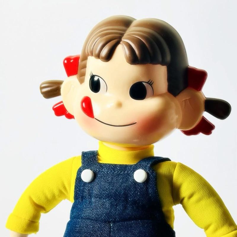 不二家｜ 𝗙𝗨𝗝𝗜𝗬𝗔 おすわりペコちゃん デニム衣装ペコ 𝗣𝗲𝗸𝗼-𝗰𝗵𝗮𝗻 坐姿娃娃 -牛仔吊帶褲- 企業物-細節圖3
