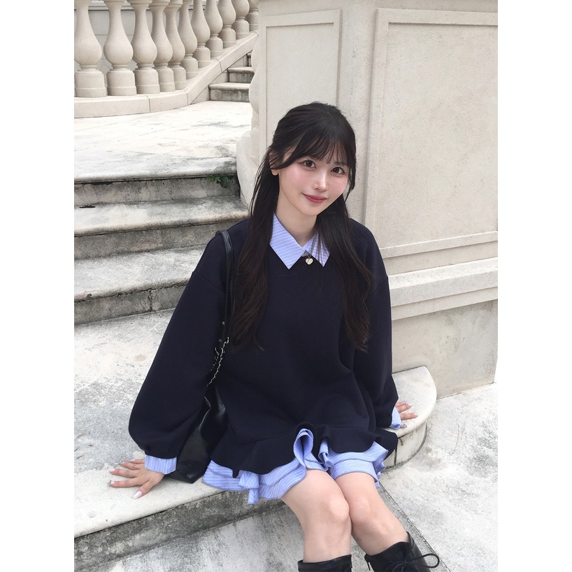 Anita Japan代購 🌸 日本 GRL 甜美 學院風 條紋襯衫 層次風 荷葉邊連身裙 長袖 荷葉邊 kz708-細節圖2