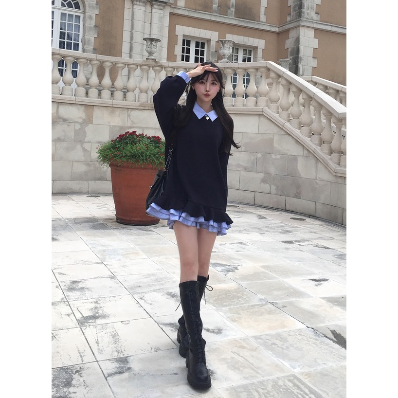 Anita Japan代購 🌸 日本 GRL 甜美 學院風 條紋襯衫 層次風 荷葉邊連身裙 長袖 荷葉邊 kz708-細節圖3