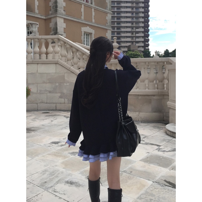 Anita Japan代購 🌸 日本 GRL 甜美 學院風 條紋襯衫 層次風 荷葉邊連身裙 長袖 荷葉邊 kz708-細節圖4