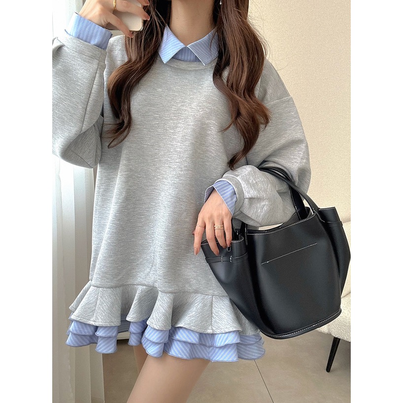 Anita Japan代購 🌸 日本 GRL 甜美 學院風 條紋襯衫 層次風 荷葉邊連身裙 長袖 荷葉邊 kz708-細節圖5