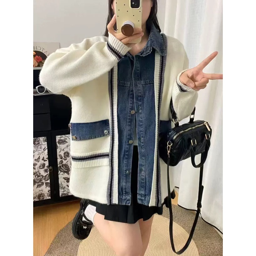 Anita Japan代購 🌸 日本 GRL 獨特 牛仔拼接 針織開衫 外套 罩衫 針織 牛仔 pu66-細節圖3