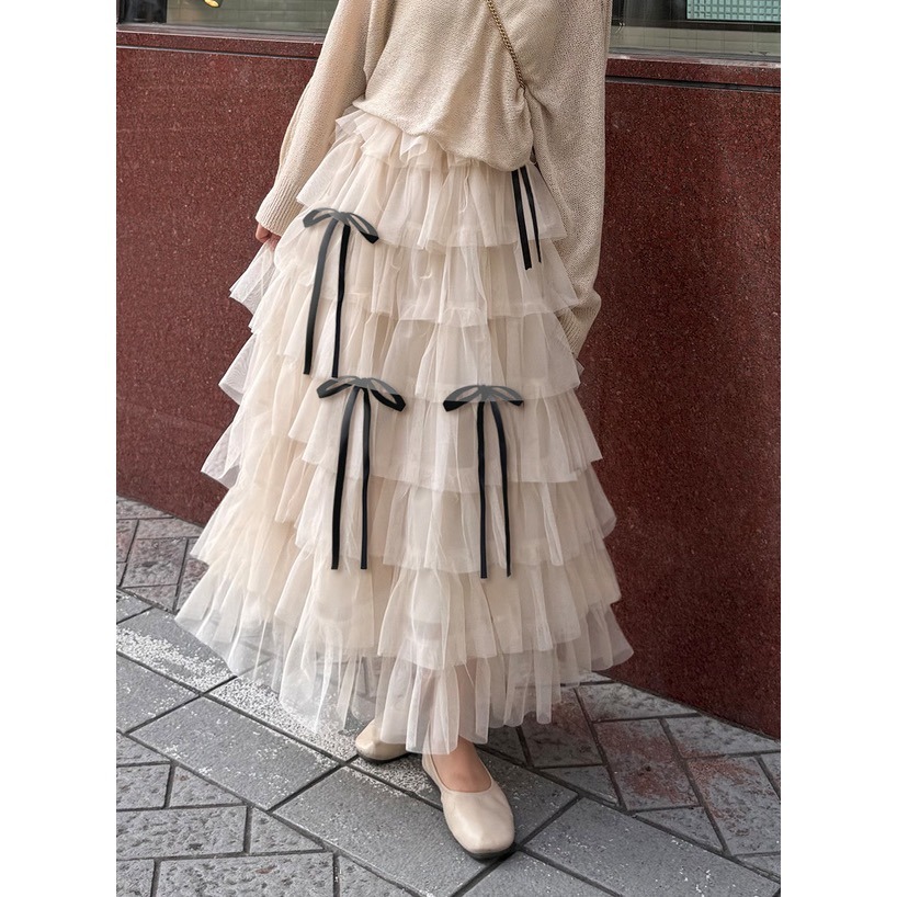 Anita Japan代購 🌸 日本 GRL 甜美 薄紗 層疊蝴蝶結豐盈裙 荷葉邊 層次 長裙 ru1288-細節圖2