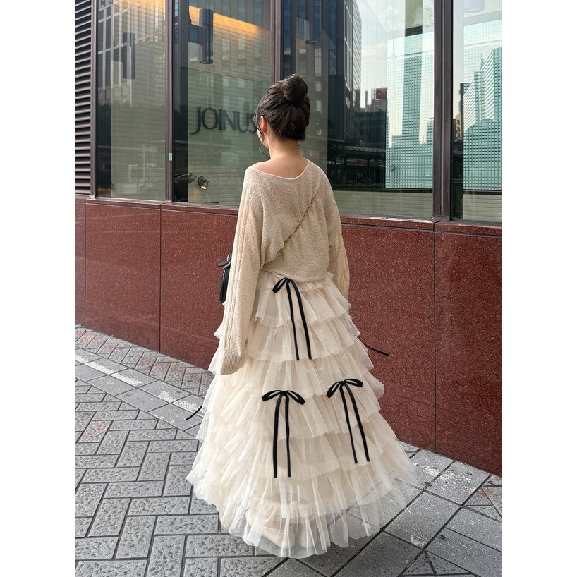 Anita Japan代購 🌸 日本 GRL 甜美 薄紗 層疊蝴蝶結豐盈裙 荷葉邊 層次 長裙 ru1288-細節圖3