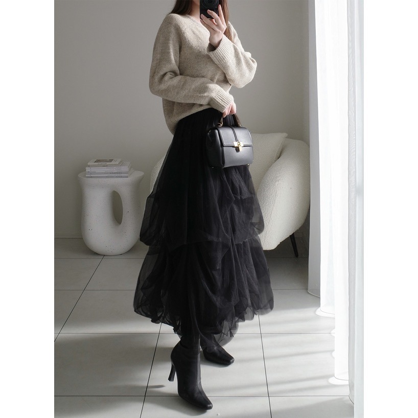 Anita Japan代購 🌸 日本 GRL 甜美 豐盈薄紗喇叭長裙 層次薄紗 長裙 薄紗 層次 dk1550-細節圖5