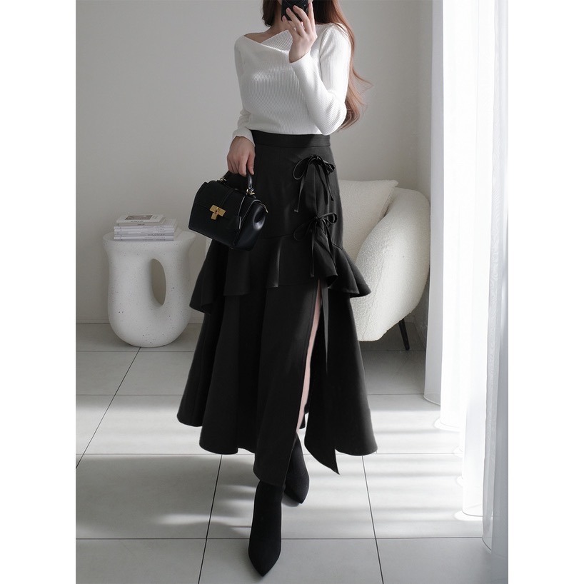 Anita Japan代購 🌸 日本 GRL 氣質簡約 荷葉邊蝴蝶結開衩裙 不規則 荷葉邊 長裙 開衩 ws25-細節圖3