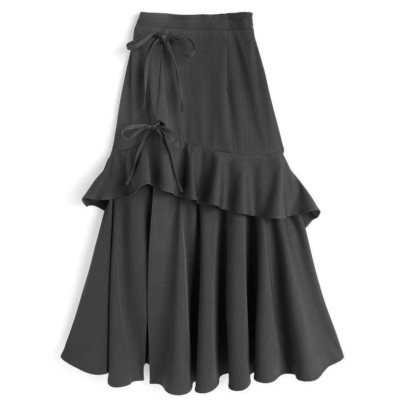 Anita Japan代購 🌸 日本 GRL 氣質簡約 荷葉邊蝴蝶結開衩裙 不規則 荷葉邊 長裙 開衩 ws25-規格圖10