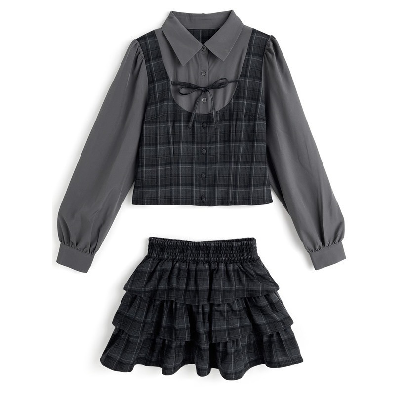 Anita Japan代購 🌸 日本 GRL 學院 格子假兩件式襯衫 格紋層疊迷你裙 套裝 短裙 襯衫 tu1864-細節圖5