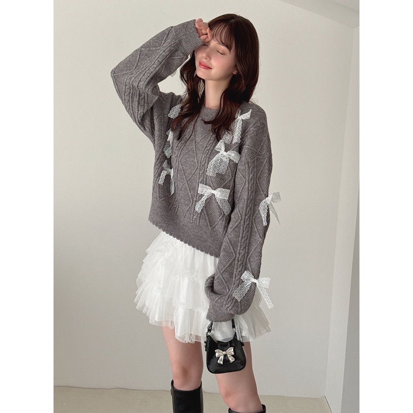 Anita Japan代購 🌸 日本 GRL 甜美花邊 蕾絲蝴蝶結編織針織上衣 編織 針織 長袖 蕾絲緞帶 pa084-細節圖3